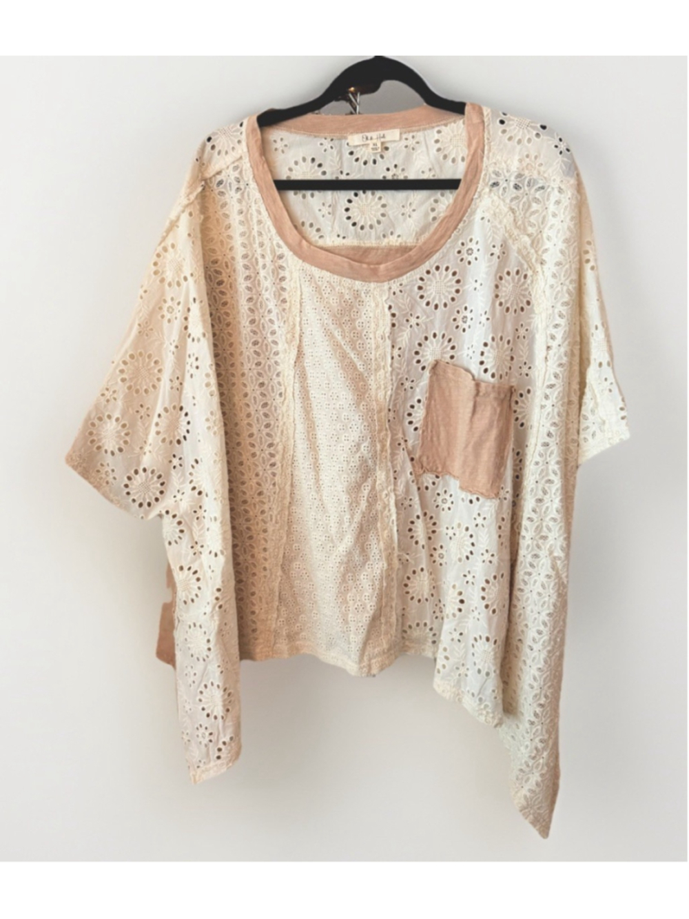 Oli & Hali XL Boho Eyelet Lace Top Tan & Cream Oversized Cottagecore Cotton - Picture 5 of 10